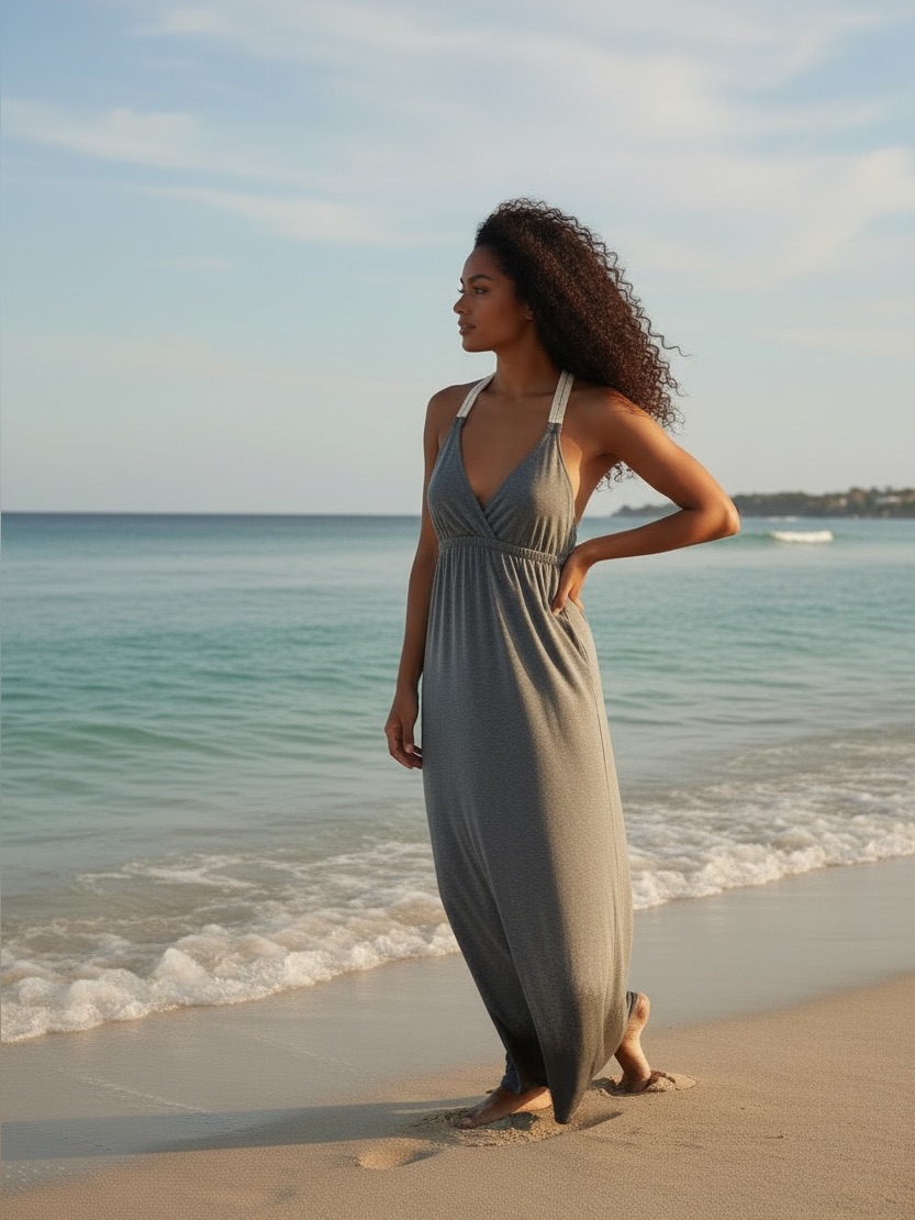 Pink Rose Jersey Gray Maxi Dress With Cream Straps